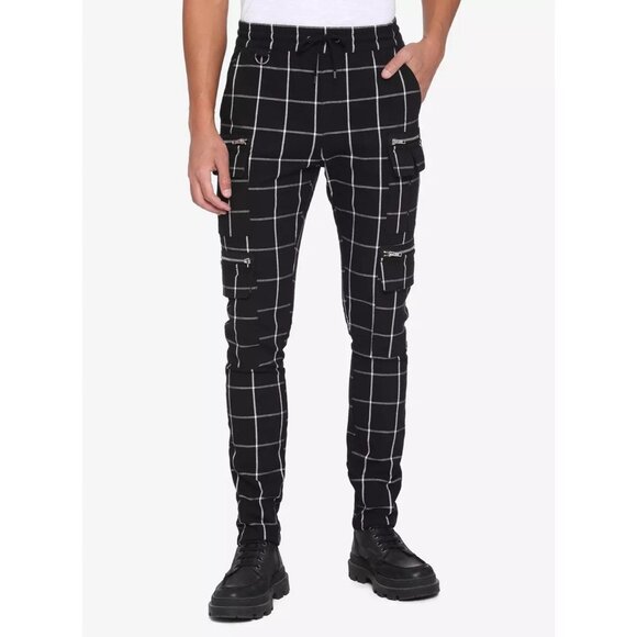 HOT TOPIC Grid Cargo Jogger Pants Mens XL Black White Checkered Goth Grunge NEW - Picture 2 of 8
